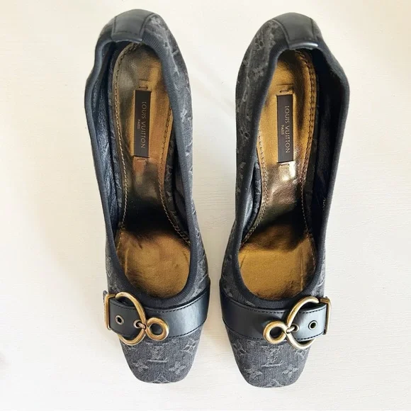 Louis Vuitton Vintage Monogram Canvas Black Gray Buckle Heels Pumps Size EU 39.5 - Picture 6 of 15